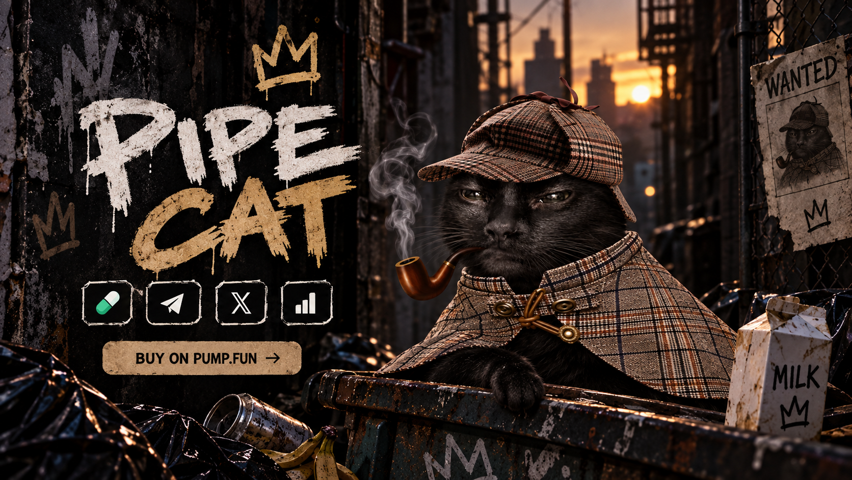 PIPE CAT — black detective cat with a pipe in a gritty alley